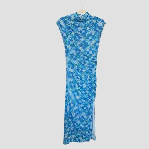 Anthropologie The Maya Ruched Cowl-Neck Dress Mesh Edition Blue Floral Dress - Picture 15 of 16